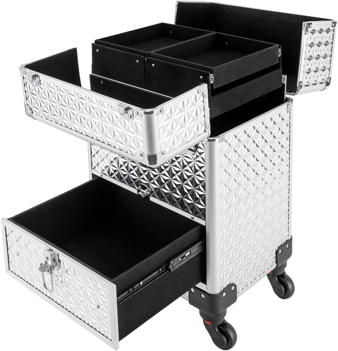 Rolling Makeup Train Case Professional Cosmetic Organizer Large Capacity Trolley Makeup Travel Case with 360° Swivel Wheels for Makeup Artist (Silver)