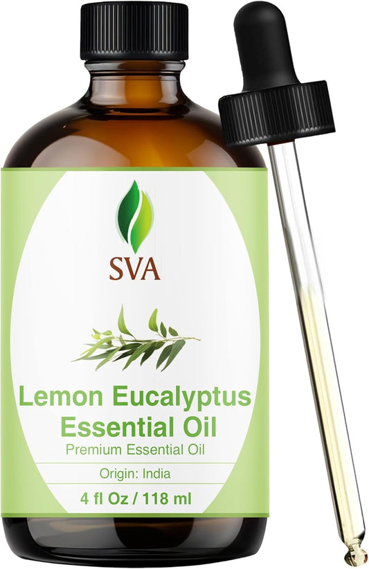 SVA Lemon Eucalyptus Essential Oil – 4 Fl Oz – 100% Natural Citriodora Oil - for Diffuser, Hair Care, Face, Skin Care, Aromatherapy, Scalp and Body Massage, Soap and Candle Making – with Dropper