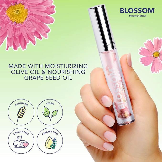 Blossom Moisturizing and Hydrating Shimmer Sparkle Lip Oil with Olive Oil + Grape Seed Oil, Infused with Real Flowers, 6g, Holiday Stocking Stuffer, 2 pack, Coconut/Watermelon