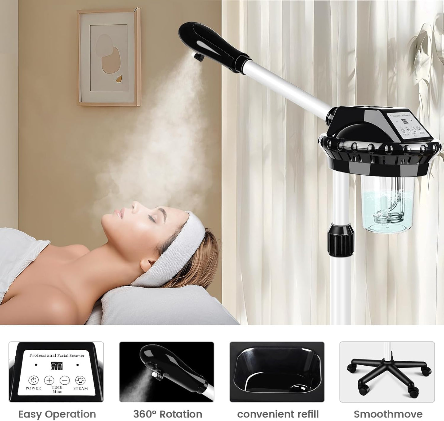 Professional Facial Steamer, Stand on Wheels Face Steamer, SPA Ozone Nano Steamer for Facials