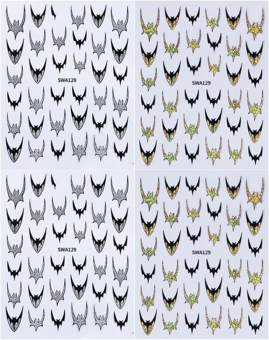 4Pcs Gothic Halloween Nail Art Stickers - Self-Adhesive Black Bat Wing Stickers, Gold/Silver/Glitters Nail Decals, Halloween Nail Art Decals for Manicure, Parties, Everyday Gothic Nail Decorations