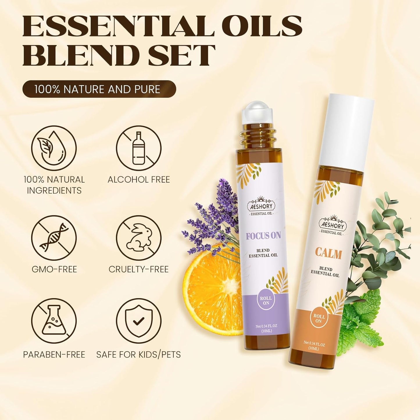 Essential Oils Roll On Set(Calm, Relax, Breathe, Focus on, Sleep, Renew), Natural Aromatherapy Oil Blend Kit with Roller Ball for Massage, Body Skin Care, Home, Relaxation Gift for Women & Men