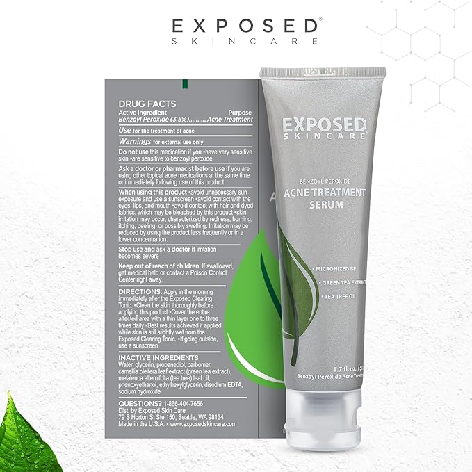 Exposed Skin Care Acne Treatment Kit - Includes Facial Cleanser, Clearing Tonic, Acne Treatment Serum, Clear Pore Serum, Clarifying Mask, Cloth - Natural Acne Solution for Face, All Ages & Skin Types