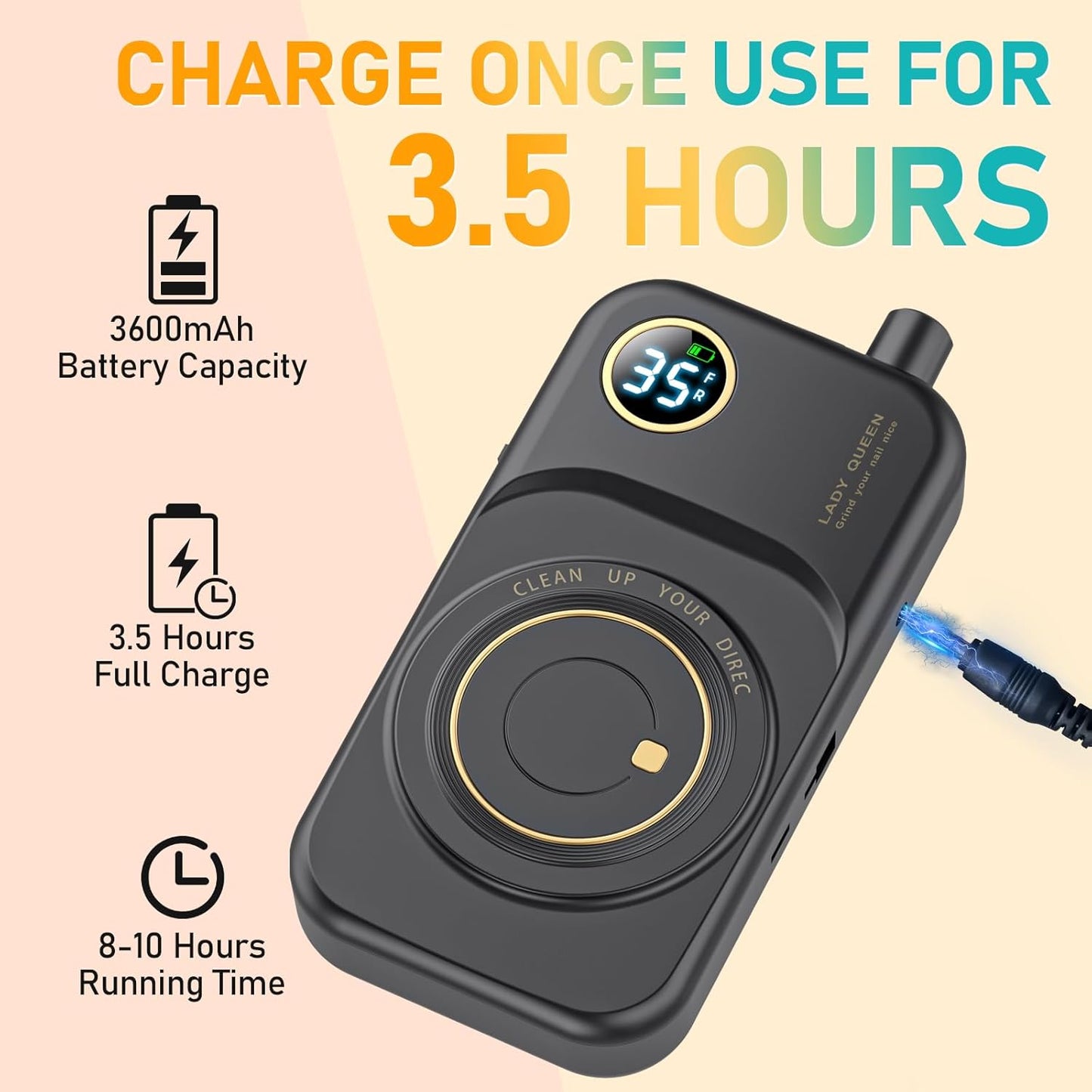 Portable Nail Drill Electric File: 35000RPM Professional Rechargeable Nail E File Machine,for Acrylic Nails Gel Polishing Removing, Cordless Efile with Bits Kit for Manicure Salon Home (White)