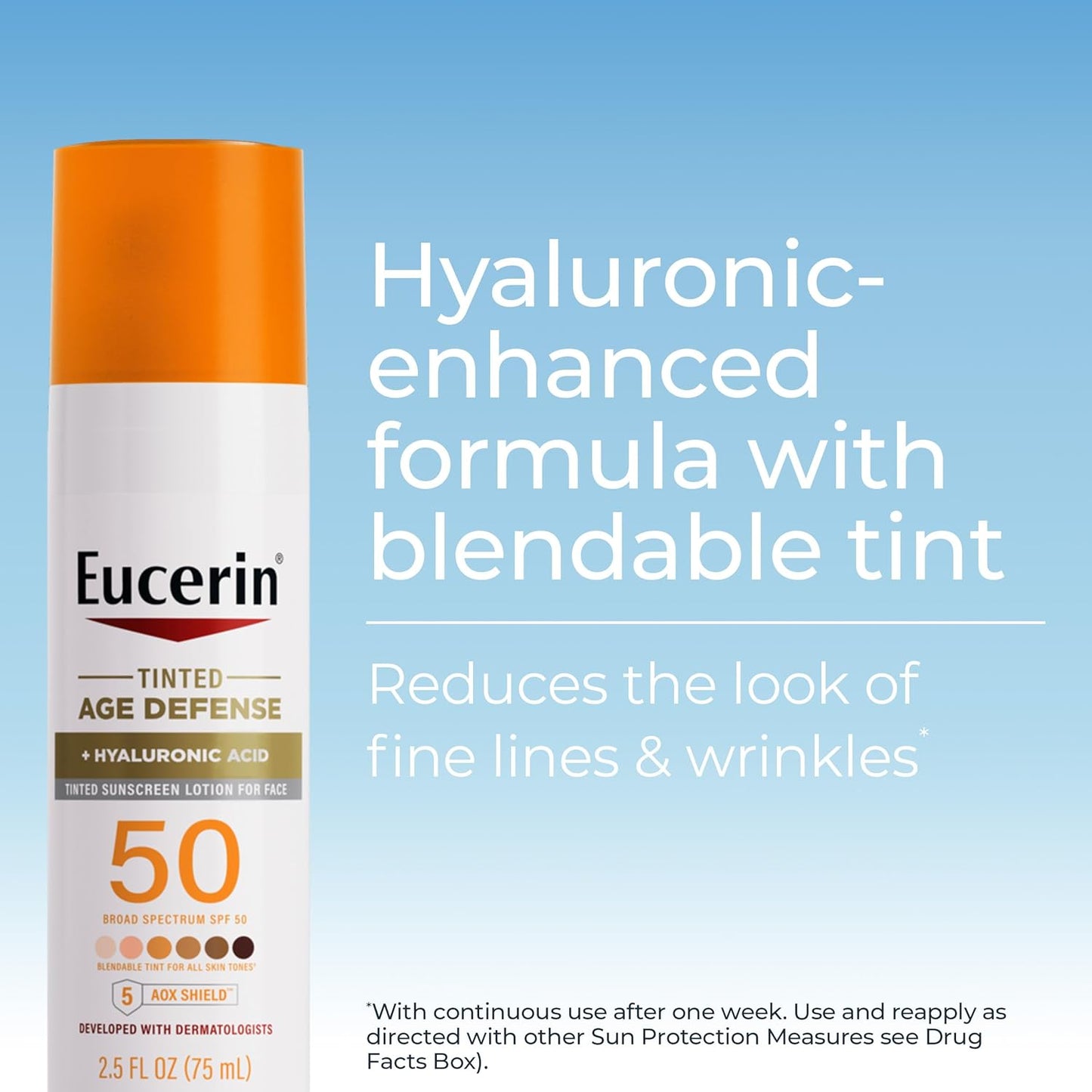 Eucerin Sun Tinted Age Defense Face Sunscreen Lotion SPF 50 with Hyaluronic Acid, Tinted Sunscreen for Face, Blendable Tint for All Skin Tones, Non Comedogenic and Hypoallergenic, 2.5 Fl Oz Bottle