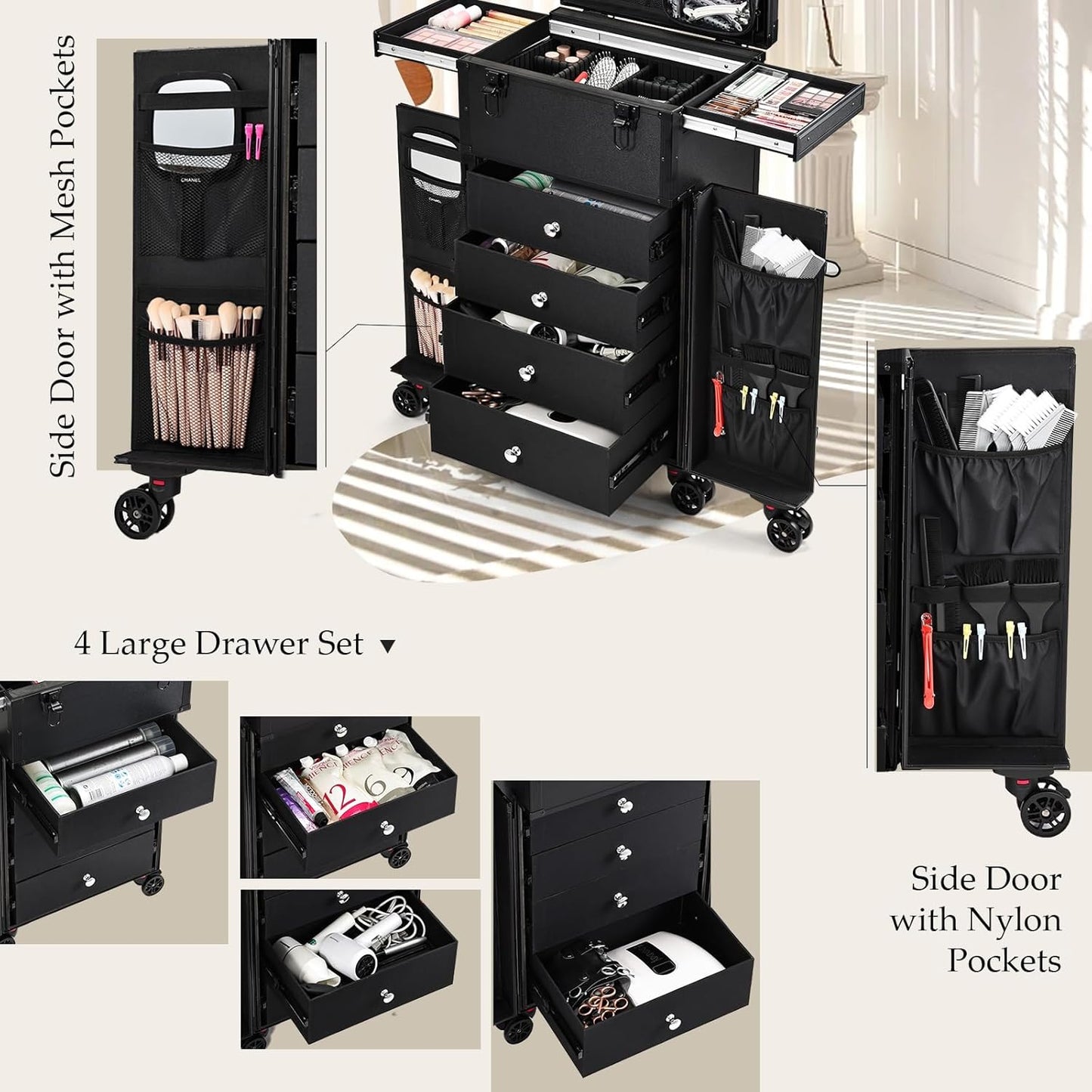 Joligrace Professional Rolling Makeup Case 4 Drawers Pro Makeup Artist Cosmetic Train Case Hairstylist Travel Case Portable Make Up Station with Multiple Compartments Extra Large - Black