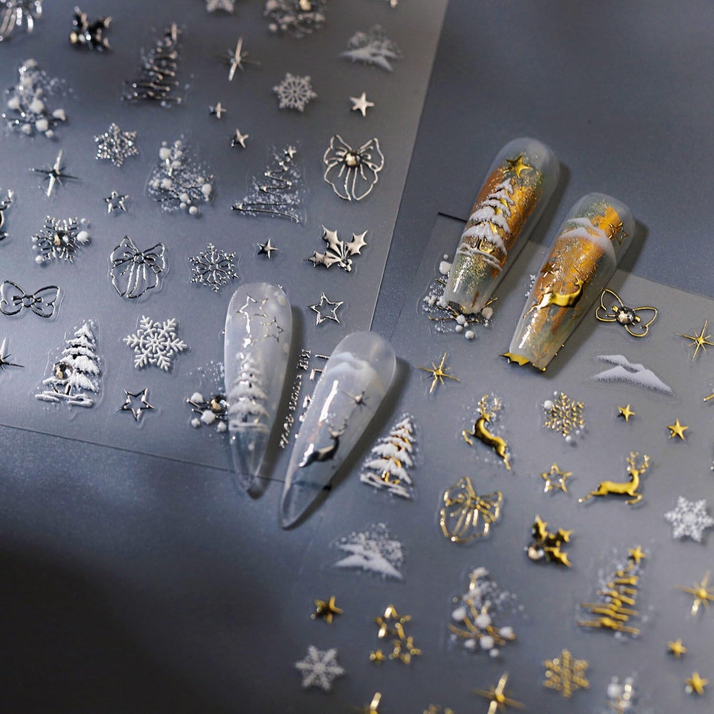 Christmas Nail Stickers for Nail Art Glitter Gold Reindeer Christmas Tree Nail Art Stickers Winter Xmas 5D Embossed Nail Decals 3D Self-Adhesive Nails Supply Manicure Sliders for Nails Decoration