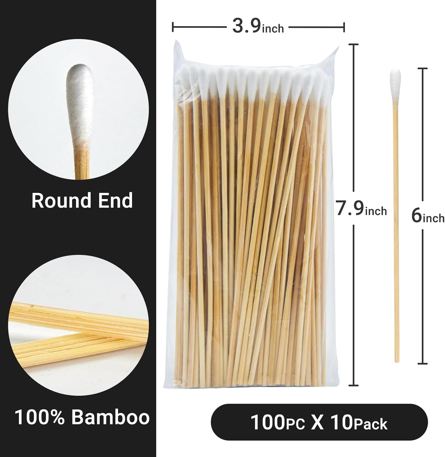 500/1000 Count 6'' Long Round/Pointed Cotton Swabs Durable Stem, Lint- Free Gun Cleaning Swabs Pure Cotton Tips for Gun Maintenance, Makeup, Pet Care, Equipment (Detailed Work)