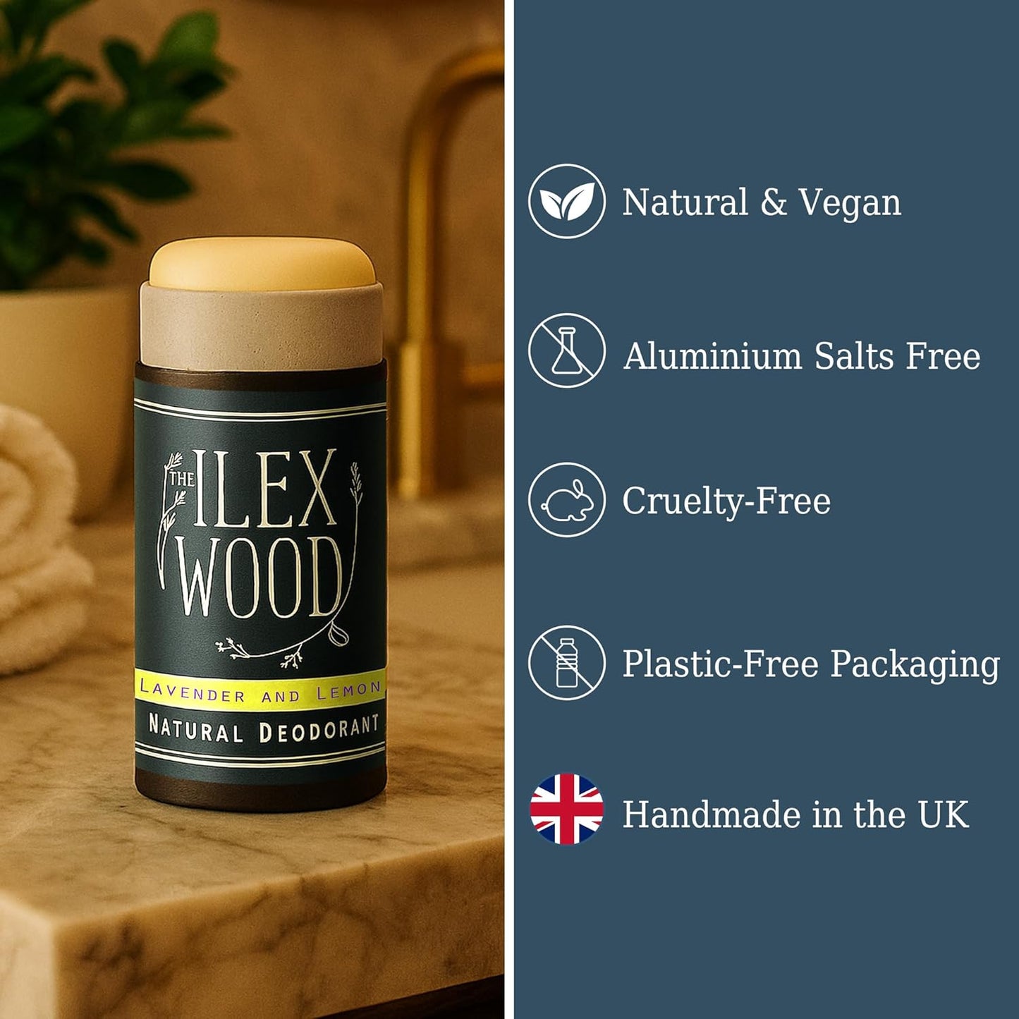 The Ilex Wood - Lavender and Lemon Natural Deodorant - 2.4fl oz. Natural Deo in Recyclable Cardboard Tube, Vegan, no Plastic, no Alcohol, no Toxins, no Aluminium Salts & Cruelty Free for Women & Men