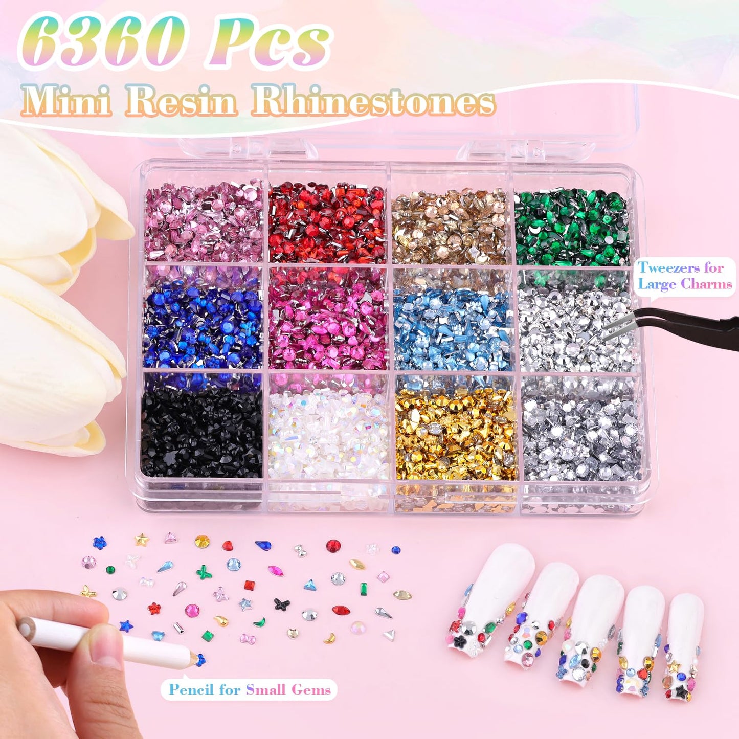 6360 PCS 2-3 MM Muliti Shape Colorful Rhinestones for Nail Art, 3D Resin Flatback Bedazzling Gems Mini Flower Bow Heart Star Butterfly, Gems Kit with Tweezers, Pickup Pencil and 15ML Nail Glue