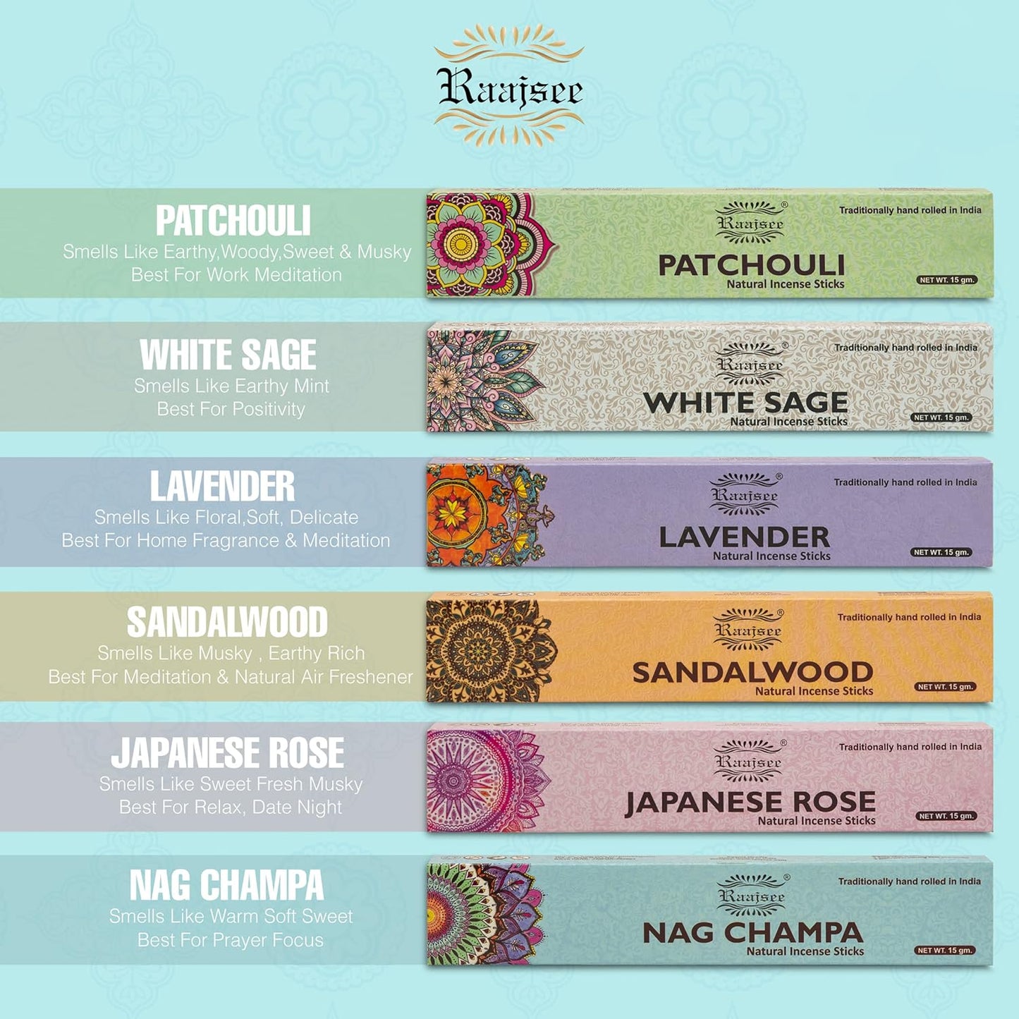 raajsee Incense Sticks 6 Pack Variety Set 15gm Each, Nag Champa- Jasmine - vanila-Japanese Rose-White Sage,100% Organic Hand Rolled- Perfect for Yoga, Meditation,Aromatherapy