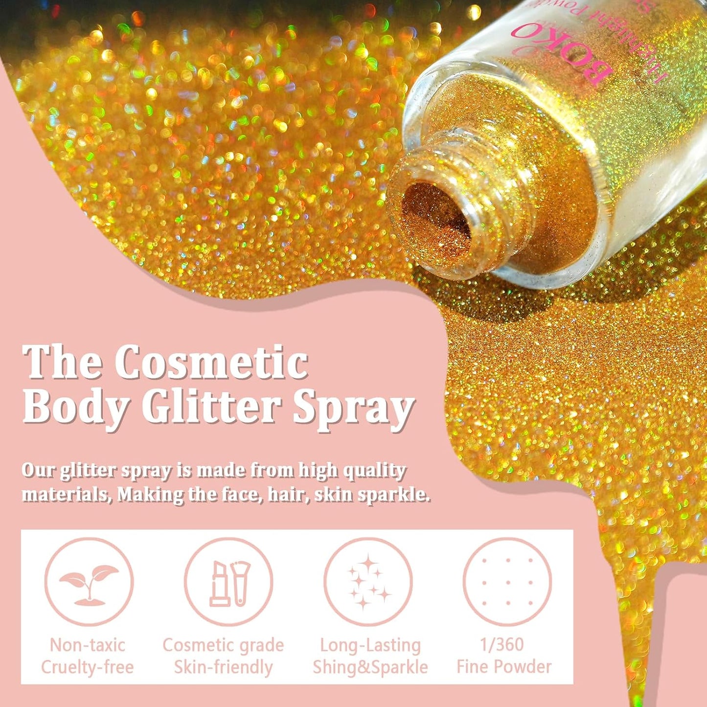Boko Body Glitter Spray, Holographic Gold Glitter Spray for Body Face Hair Nail Clothes, Hair Glitter Spray Body Shimmer Powder for Highlighter Makeup Mardi Gras Concert Party Rave Accessories