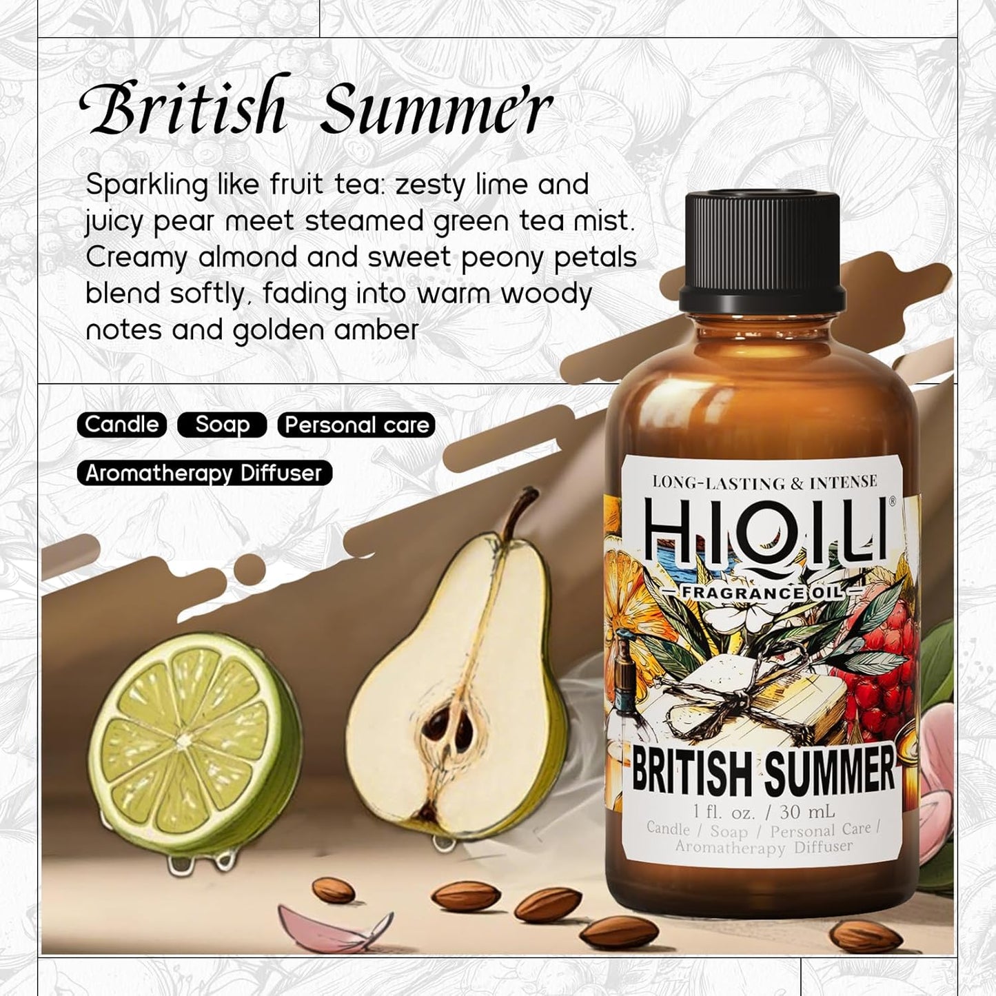 HIQILI British Summer Fragrance Oil for Diffuser, Inspired by Bvr.Berry Women Brit-Sumr, Candle & Soap Making, Bath Bombs - Fresh Sweet Notes, Long-Lasting Aroma - 1 Fl Oz