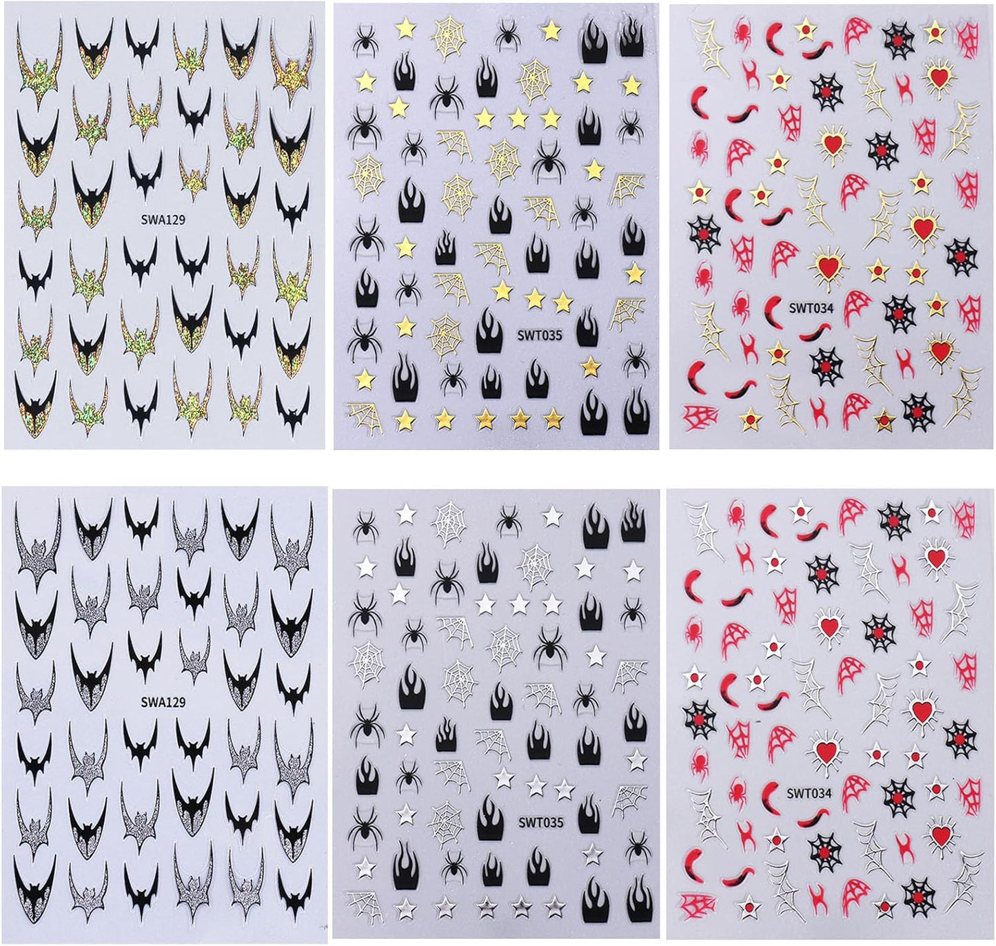 6 Sheets Halloween Nail Stickers Gold Silver Nail Art Stickers Bat Spider Web Stars Nail Decals with Glitter Bat Spide Love Design Nail Art Sticker Decoration for Women Girls Manicure Supplies