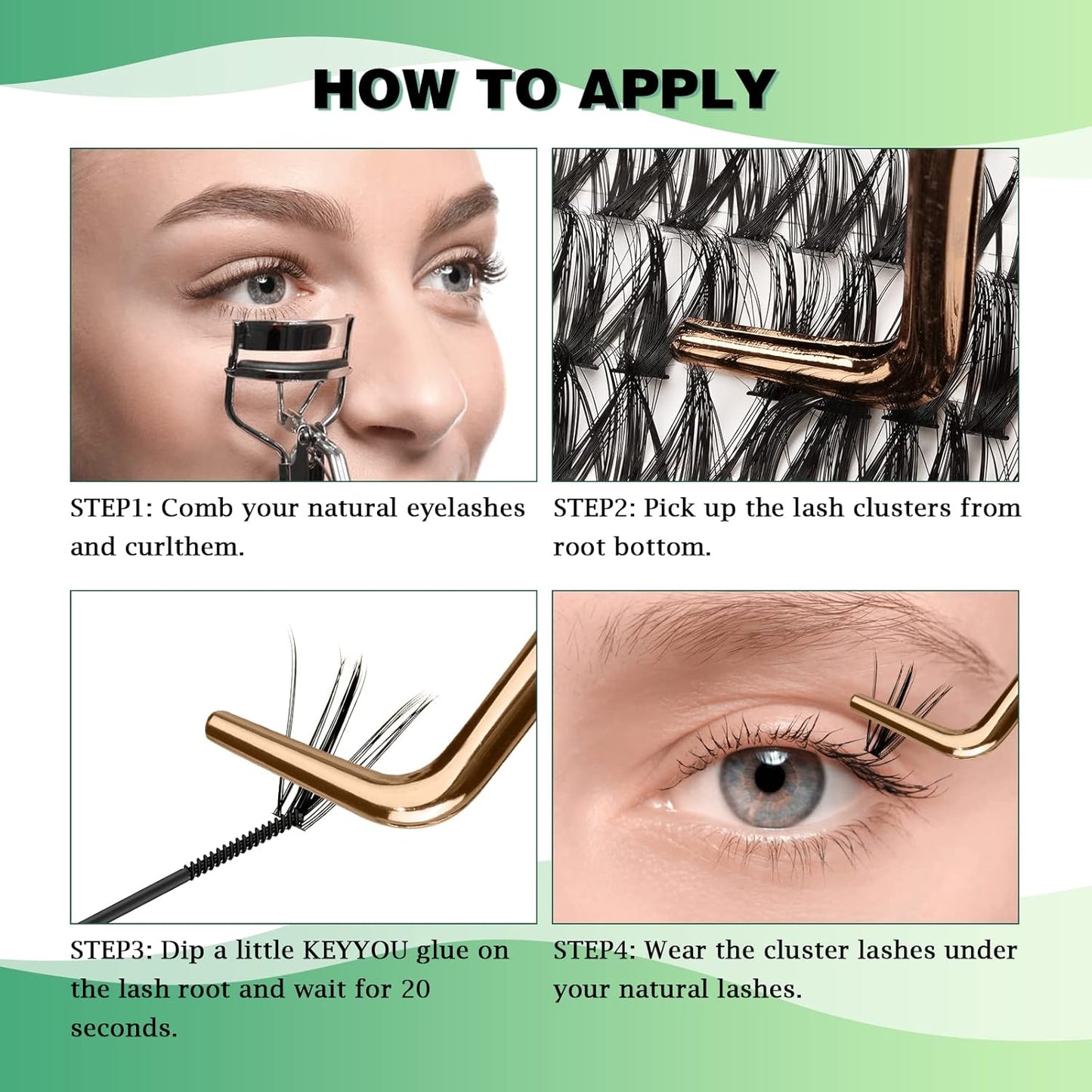 Lash Clusters 300pcs Individual Lashes 50D 0.07D Curl 17mm DIY Eyelash Extension KEYYOU Large Tray Volume Soft&Natural Eyelash Clusters(50D-0.07D,17）