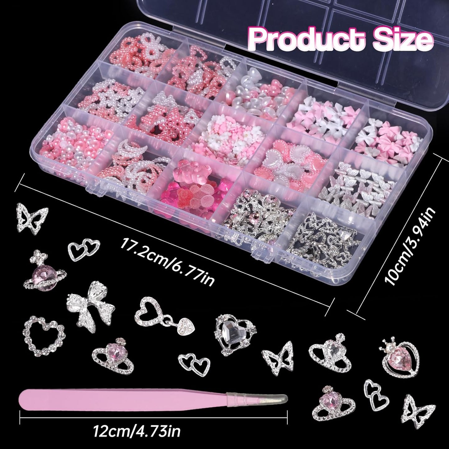 Silver Nail Gems Charms, 3D Pink Color Nail Art Charms, Acrylic Blossom Tiny Flowers Flatback Multi Styles Pearls Nail Charms Planet Heart Butterfly Nail Diamond Charms for Nails Manicure DIY Crafts