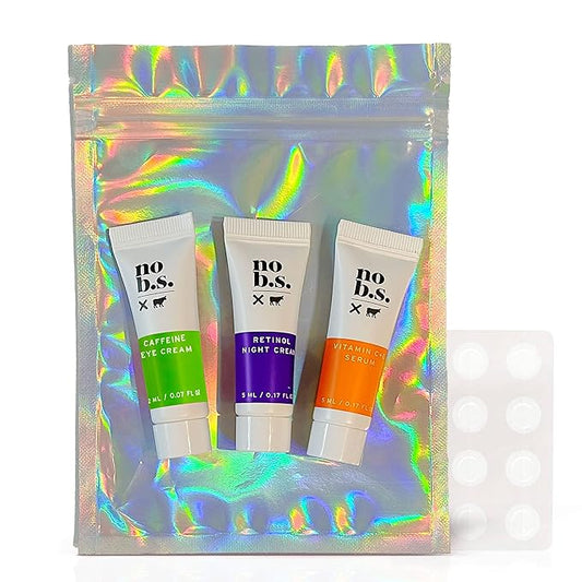 No B.S. (No Bad Stuff) Skincare Minis Kit, Vitamin C & E Serum with Hyaluronic Acid, Retinol Night Cream, Caffeine Eye Cream & Invisible, Waterproof Acne Patches, 4 Product Trial Size
