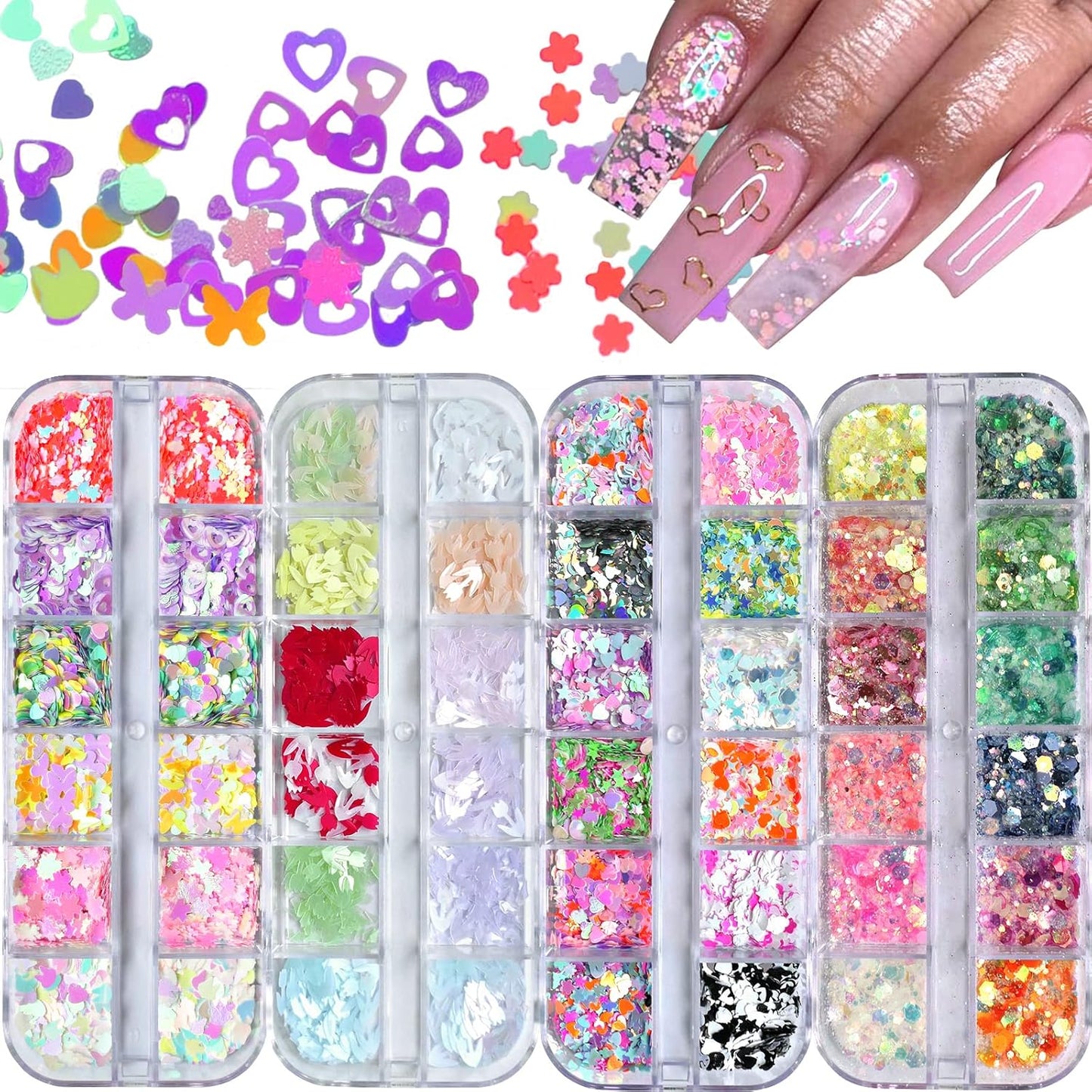 AddFavor 4 Boxes Nail Glitter Luminous Mermaid Chunky Glitter Flakes Fluorescent Mixed Shaped Flower Heart Star Nail Sequins Decals for Nail Art/False Eyelash Decor
