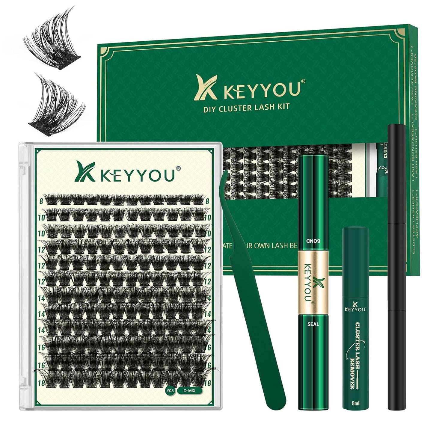 DIY Lash Extension Kit KEYYOU 144pcs Lash Clusters Eyelash Extension Kit with Mascara Brush Bond and Seal Lash Glue Remover Lash Applicators Lash Brush for DIY Lash Extensions (Y03 Kit)