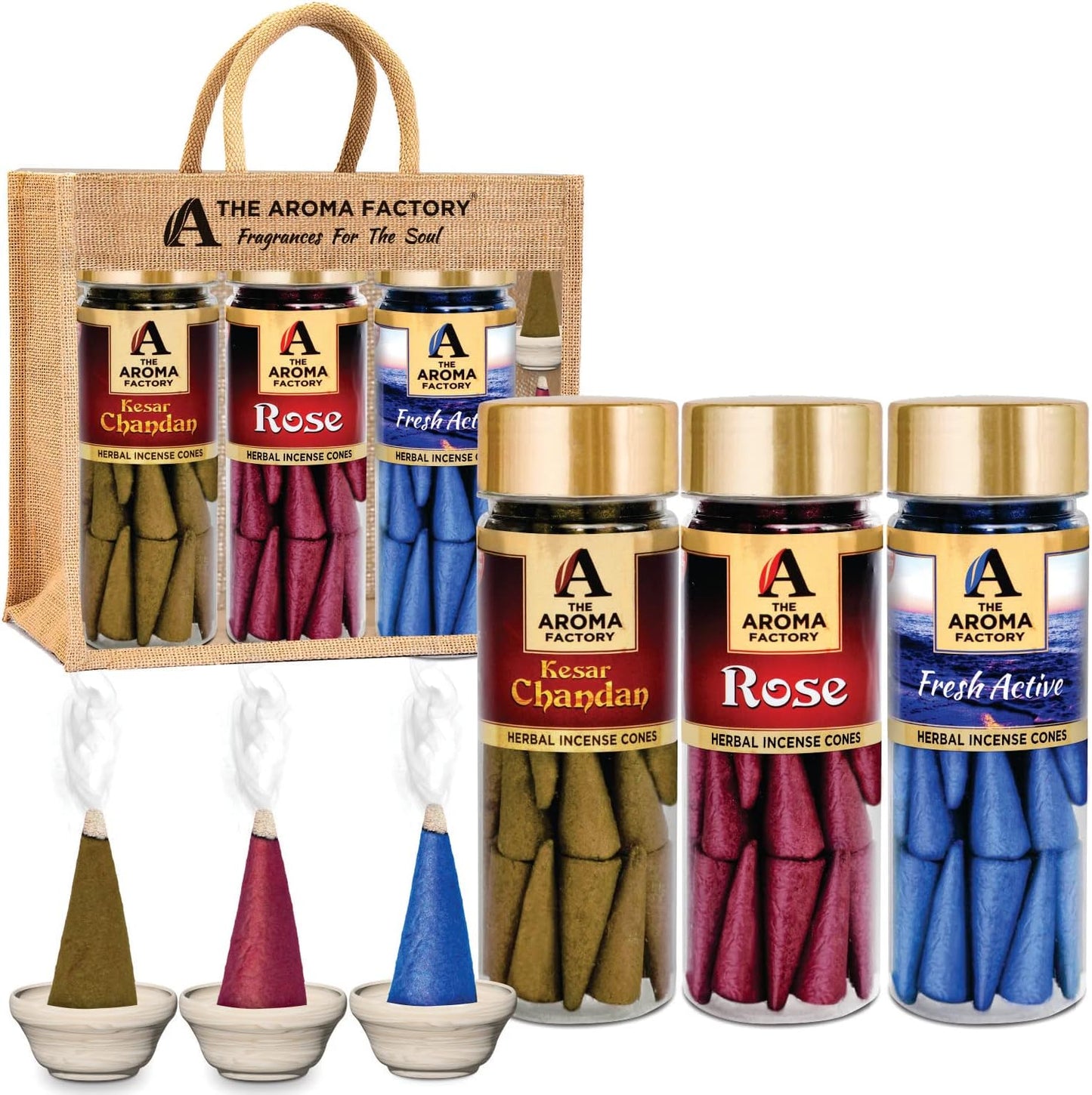 The Aroma Factory Organic Dhoop Cones | Kesar Chandan, Rose & Fresh Active Incense Cones |No Charcoal, Scented Incense | 3x30 Cones, Pack of 3 Jute Bag Giftset