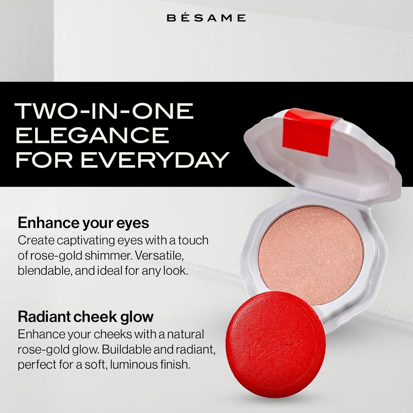 Besame Rose Gold Powder Blush & Eyeshadow 1959 Refill | Fits Signature Compacts Post-2019 | Sunkissed Pink-Gold | Vintage Inspired | 2-In-1 Cheek & Eyelid Highlighter | Sustainable Beauty Routine