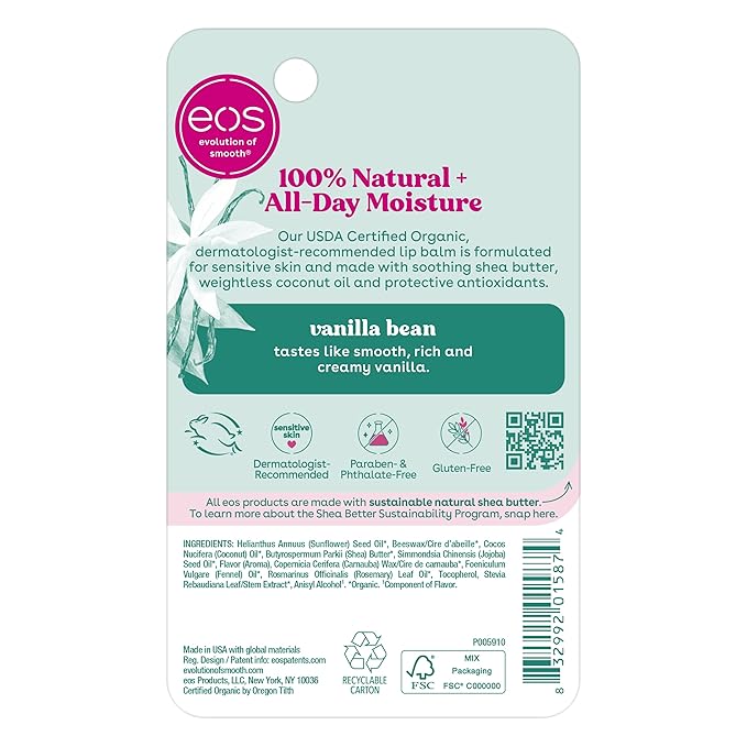eos 100% Natural & Organic Lip Balm Stick- Vanilla Bean | Dermatologist Recommended for Sensitive Skin | All-Day Moisture Lip Care Products | 0.14 oz (Pack of 2)