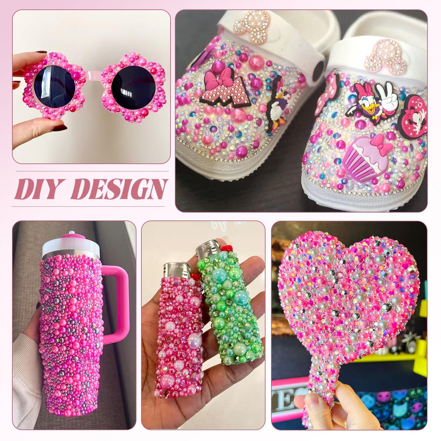 80g Flatback Pearls and Rhinestones for Crafting, Dark Pink Mixed Size 3-10mm Resin Rhinestones and Half Pearls for Bedazzling, Nail Art and Decoration with Tweezer and Pickup Pencil