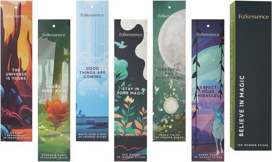 Folkulture Incense Sticks | Set of 6 (120 Non Toxic Insence-Sticks) with 45 Mins Burn Time | White Sage, Sandalwood, Oud Orient, Amber Space, Peach Fields | Organic Inscents-Stick Gift for Her