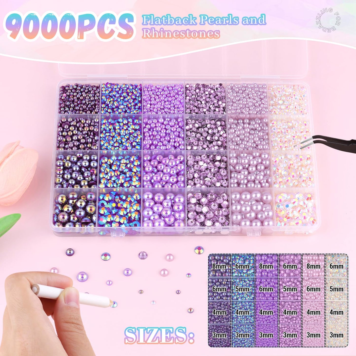 9000Pcs Flatback Pearls and Rhinestones for Crafting, Purple Series Mixed Size 3-8mm Resin Rhinestones and Half Pearls for Bedazzling, Nail Art and Decoration with 3pcs B7000 Jewelry Glue