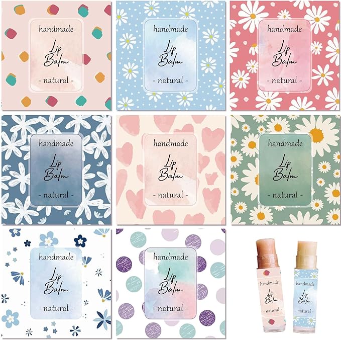 CRASPIRE 80Pcs 8 Styles Lip Balm Sticker Flower Background Self-Adhesive Homemade Lip Balm Labels Vintage Square DIY Heart Label Stickers for Lip Balm Containers Cosmetics Lipsticks