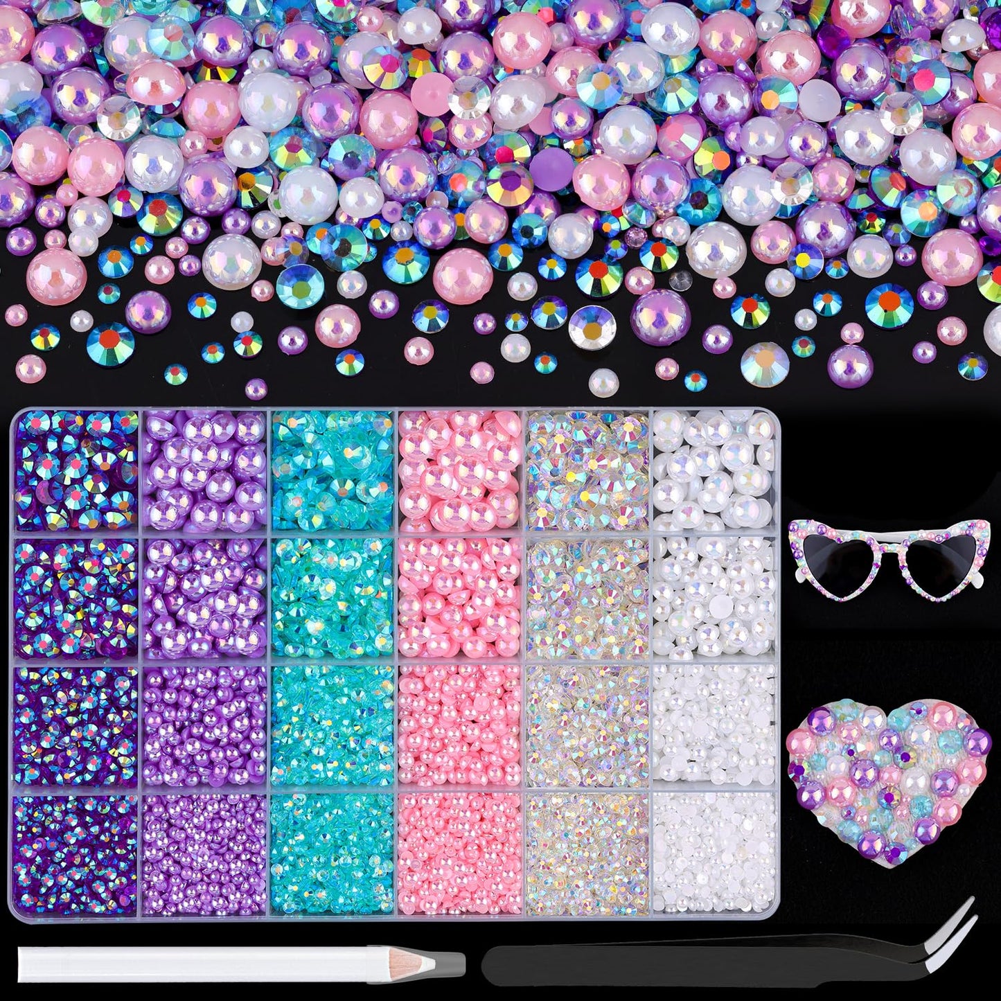 9000Pcs Flatback Pearls and Rhinestones for Crafting, Pink Purple White Mixed Size 3-8mm Resin Rhinestones and Half Pearls for Bedazzling, Nail Art with Tweezers and Pickup Pencil