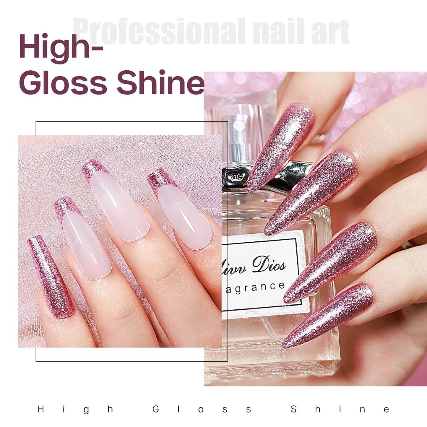 MIZHSE Quick Dry Glitter Pink Nail Polish, Shimmery Nail Polish Air Fast Drying, 15ml High Glossy Sparkly Shiny Nail Lacquer Nail Art Salon Manicure Home