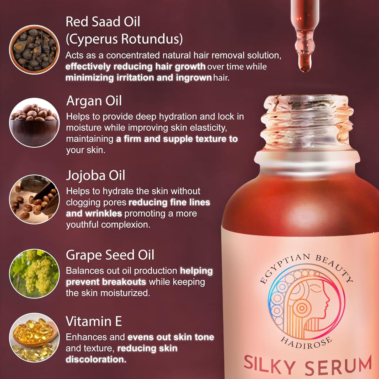 Pure Red Saad Oil (Egyptian Cyperus Rotundus) | Silky Serum Unscented by Hadirose Concentrated | Organic All Natural Hair Removal | Hair Growth Inhibitor | Natural Scent | Made in the USA.