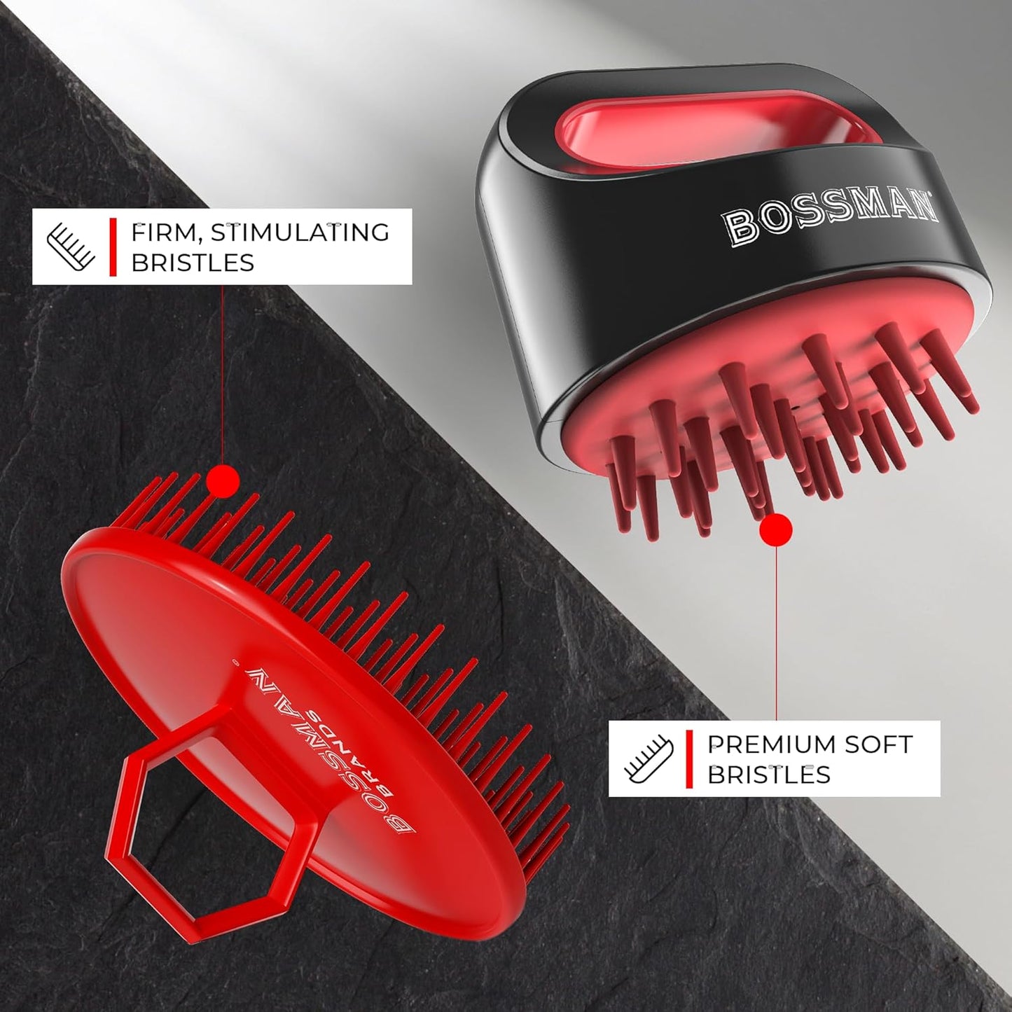 Bossman Scalp Massager & Shampoo Brush (3-inch, Red) – Head Scrubber, Beard Exfoliator & Dandruff Control for Hair & with Firm Bristles