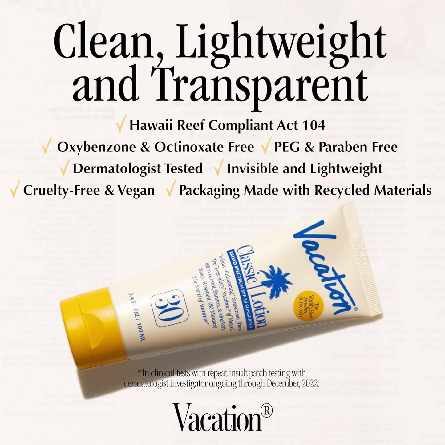 Vacation Classic Sunscreen Lotion SPF 30 & Air Freshener Bundle, Water-Resistant, Lightweight, Transparent on All Skin Tones, Dermatologist-Tested, Vegan, Travel Size, 3.4 Fl. Oz.
