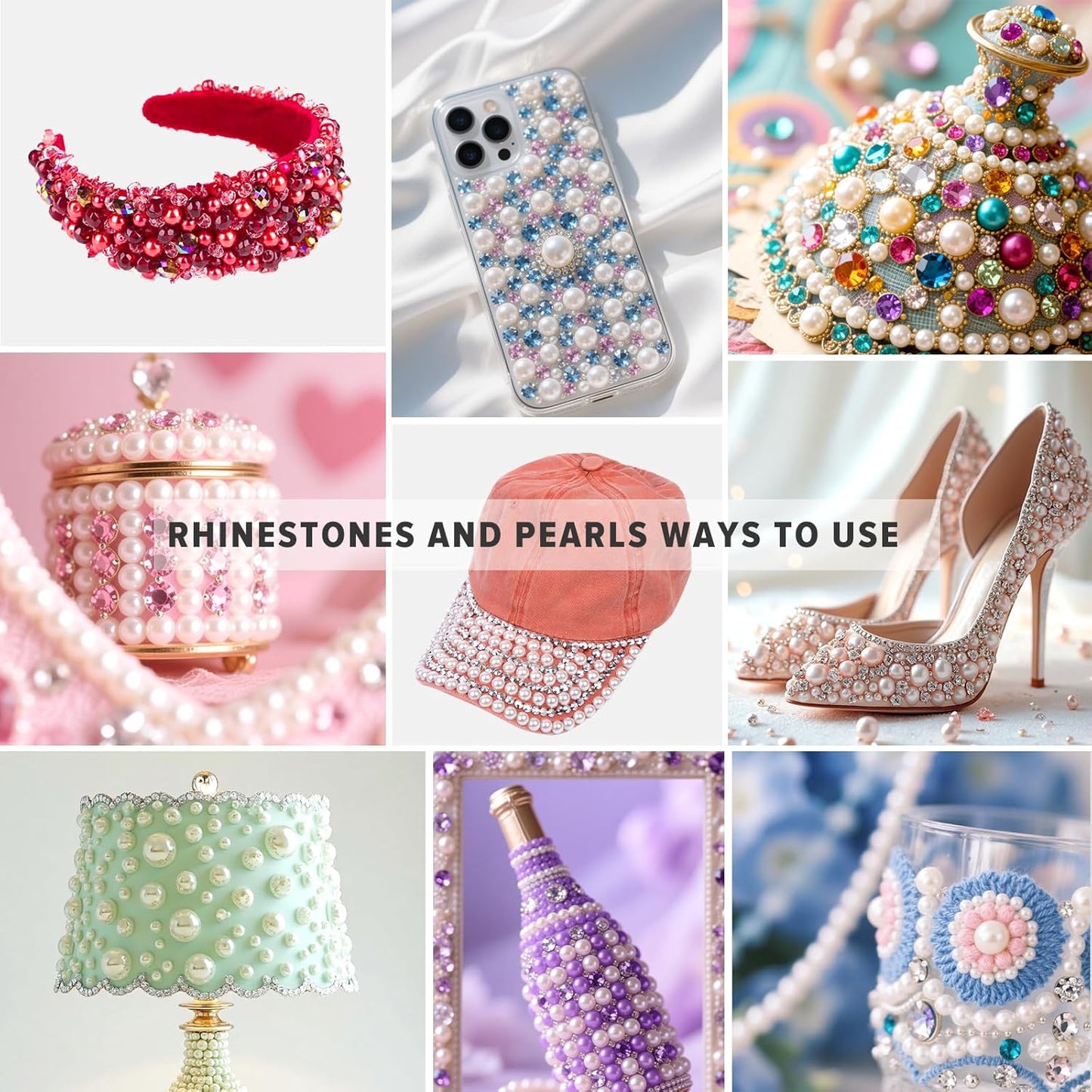 80g Mix Flatback Pearls and Rhinestones for Crafts Red Black and White Mixed Size 2mm-10mm Half Round Pearls Rhinestones for Nail Art Tumblers Shoes DIY Bedazzling with Tweezers Wax Pen