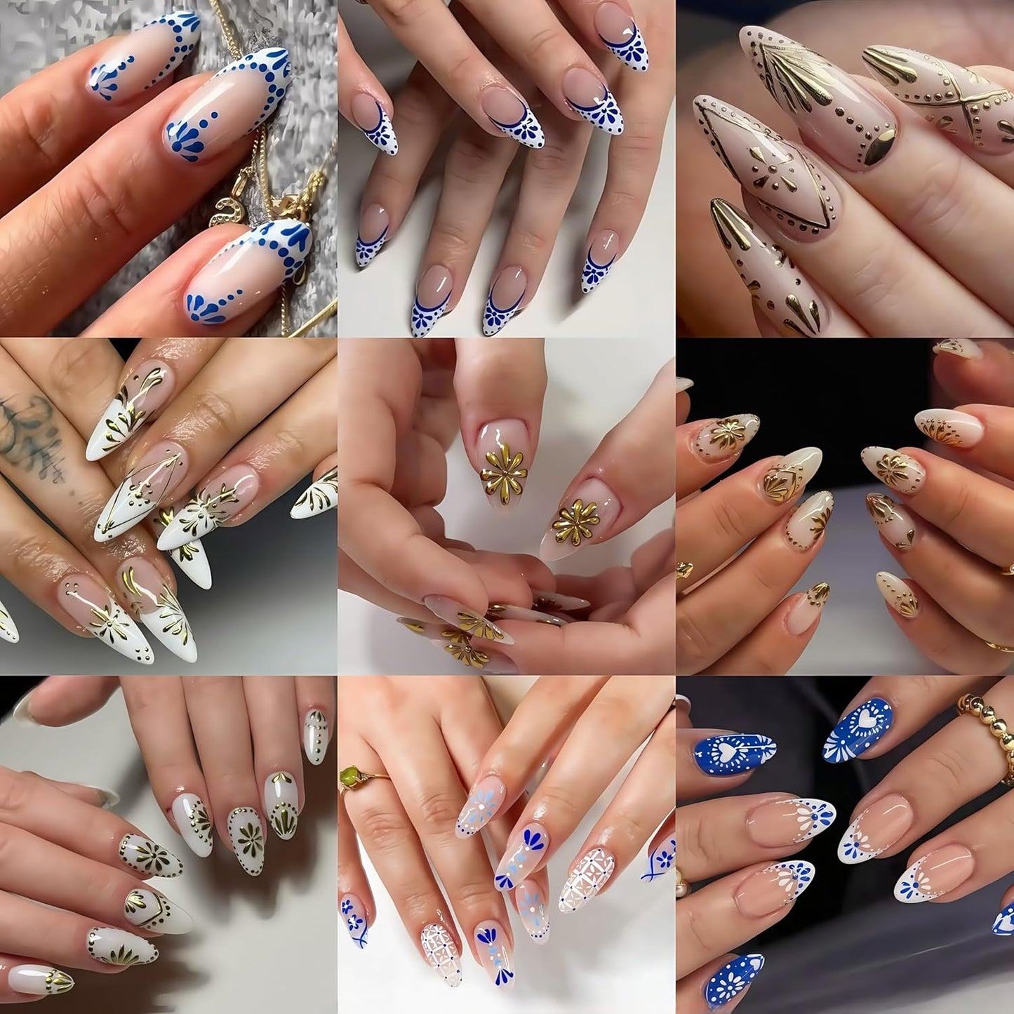 6 Sheets Bohemian Nail Stickers for Nail Art 3D Self-Adhesive Flower Nail Art Stickers Gold Silver Floral Nail Decals Bohemian Style Retro Blue Manicure Art Decoration Charms for Women Nails Supplies