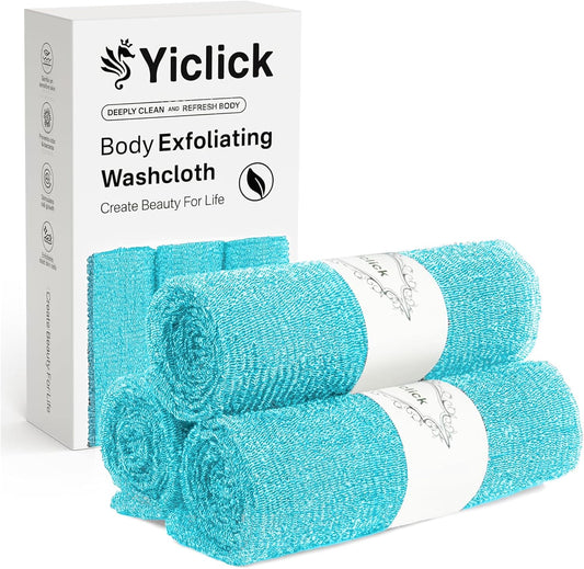 Yiclick Exfoliating Washcloth Towel [3 Pack], Japanese Exfoliating Bath Wash Cloth for Body Exfoliation, Korean Back Scrubber Washer for Shower, African Net Sponge Brush Loofah Exfoliator (Blue)