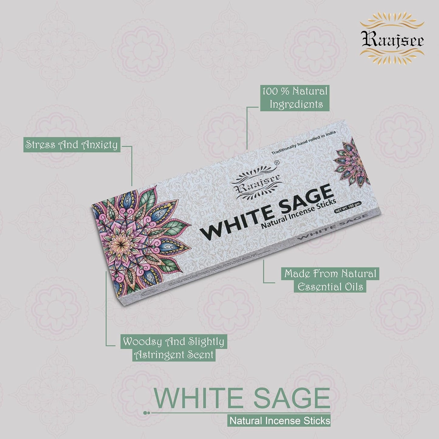 Raajsee White Sage Incense Sticks, 100%-Natural Charcoal Free Organic Non Toxic Clean Burning Handmade Insence Sticks 100 gm Pack, Meditation Gifts – Spritual Cleansing