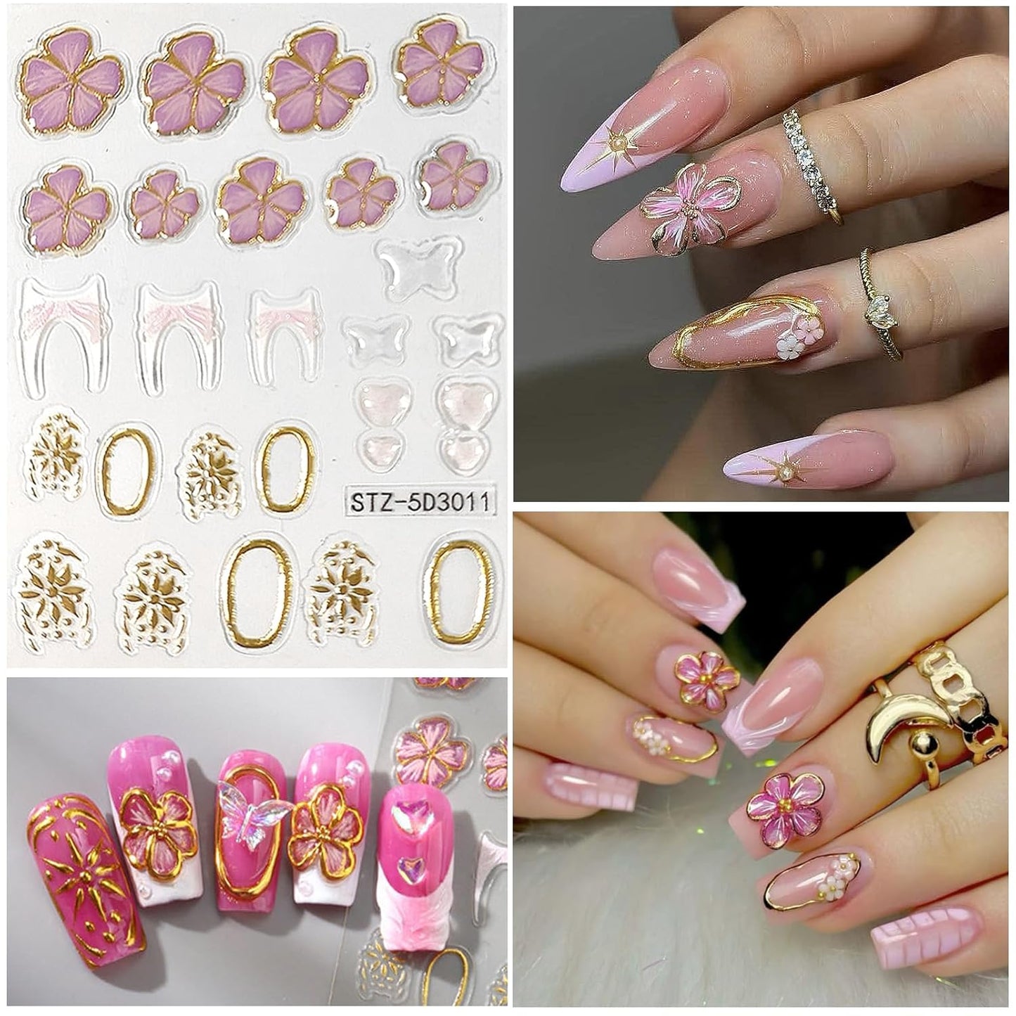 Flower Nail Art Stickers 5D Embossed Nail Decals Spring Summer Colorful Flower Nails Design Self-Adhesive 3D Accessories for Women Nails DIY Decoration(6 Sheets)