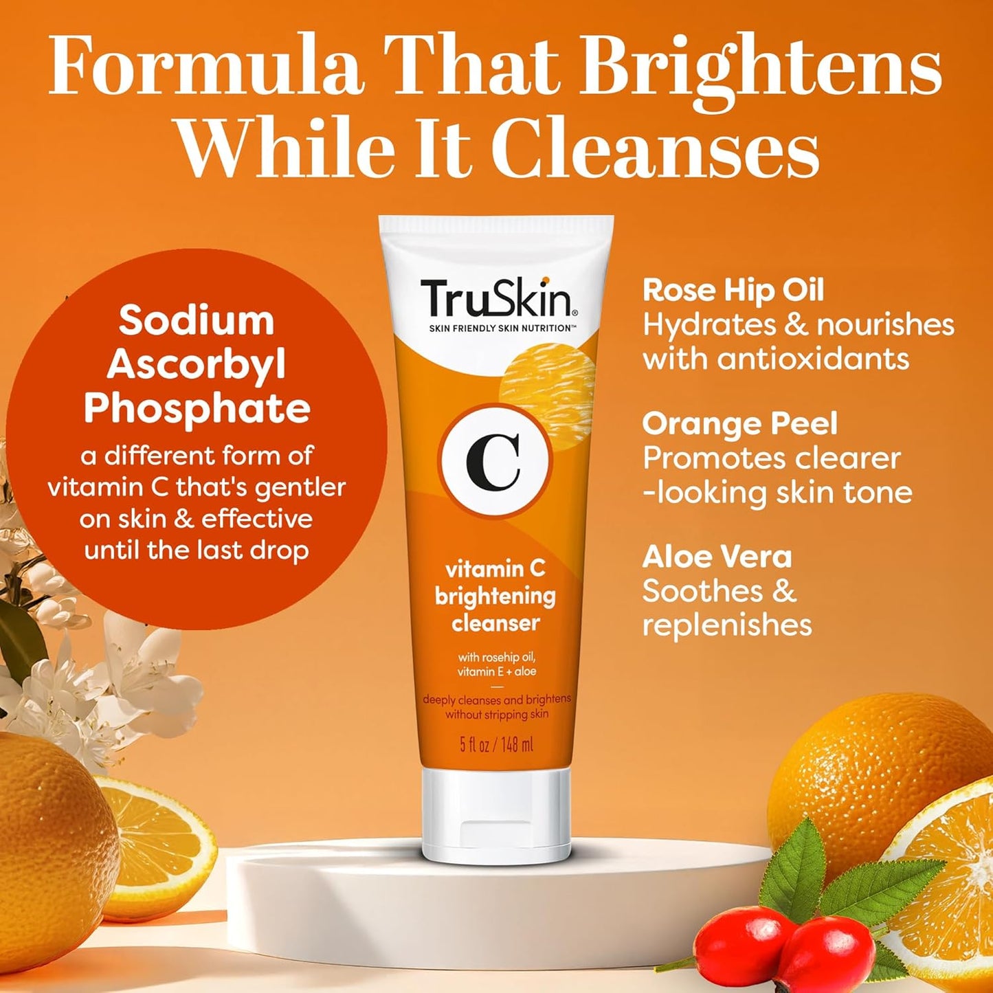 TruSkin Vitamin C Cleanser for Face - Brightening Face Wash with Vitamins C & E, Rosehip Oil, Aloe Vera and MSM - Deep Clean and Refresh for Radiant, Healthy-Looking Skin, 5 fl oz