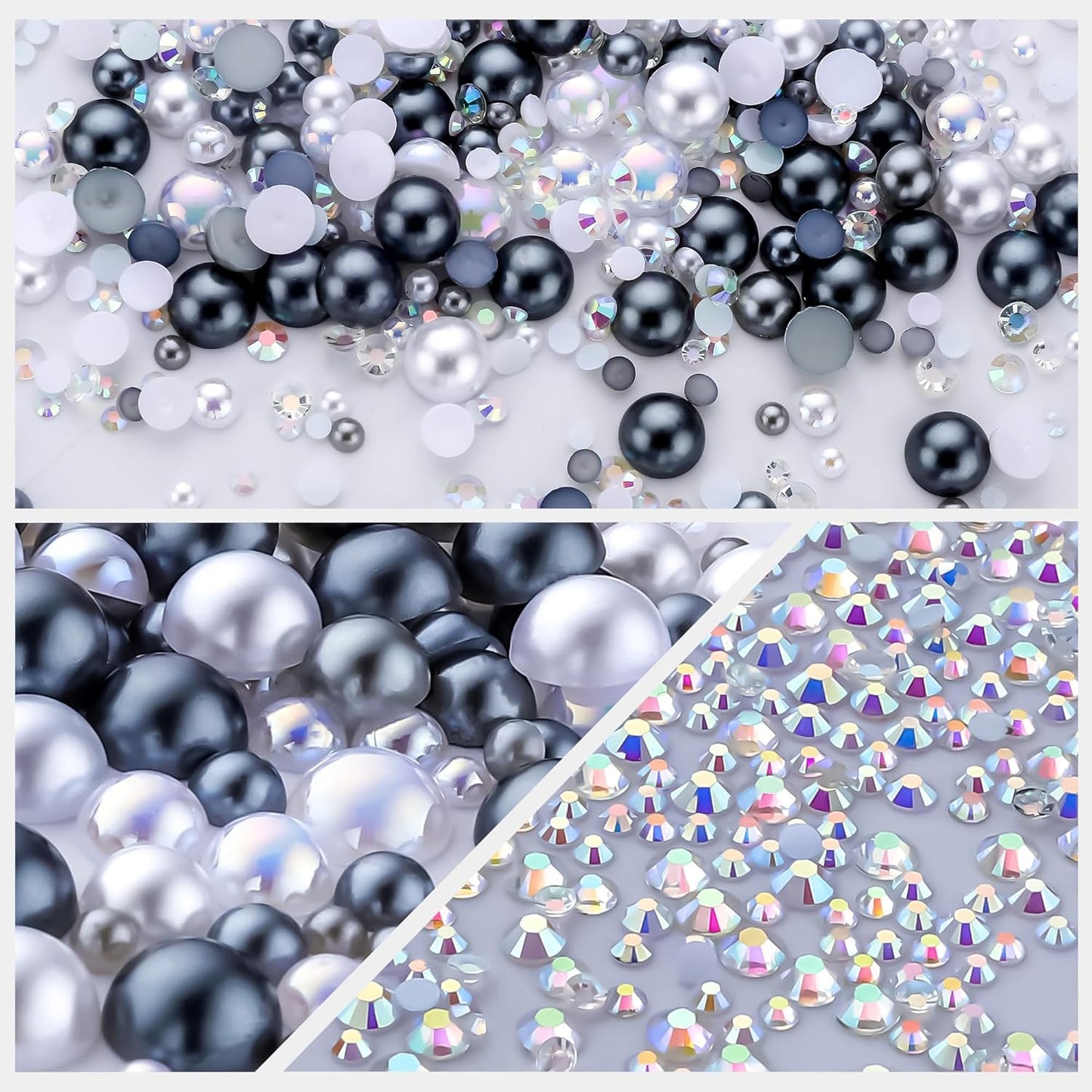 60g Grey White Pearls Rhinestones for Crafts Mixed Size 3mm-10mm AB Color Round Half Pearls Flatback Pearl Beads and Resin Rhinestones Set for Face Art with Glue