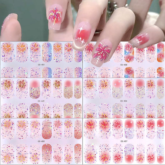 Christmas Nail Stickers - Glitter Firework Nail Wraps, 3D Winter Gel Polish Strips, New Year Full Wrap Designs, Self-Adhesive Shiny Gradient Decals for Women, 6Pcs