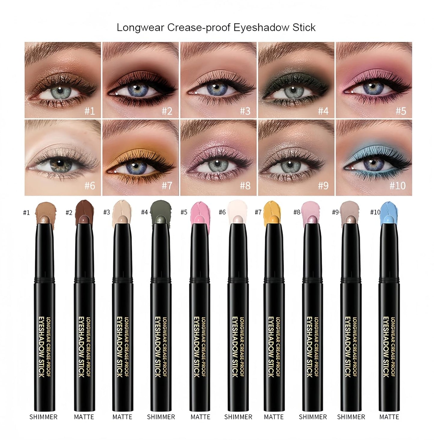MAEPEOR 10 Colors Cream Eyeshadow Stick Silky Smooth Matte Shimmer Eyeshadow Pen Waterproof and Long Lasting Shadow Pencil for Girls and Women (Color 08)