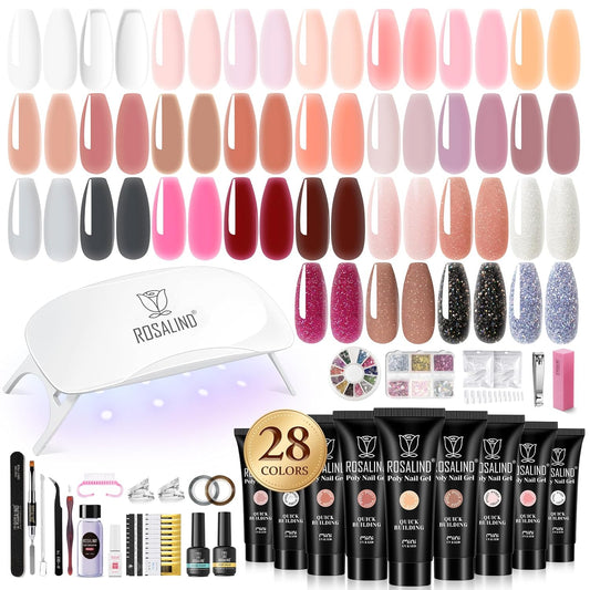 ROSALIND 28 Colors Poly Nail Gel Kit with Mini U V/LED Lamp White Nude Poly Nails Gel Kit Starter Kits With Slip Solution Pink Extensions Set for Nail Manicure Beginner
