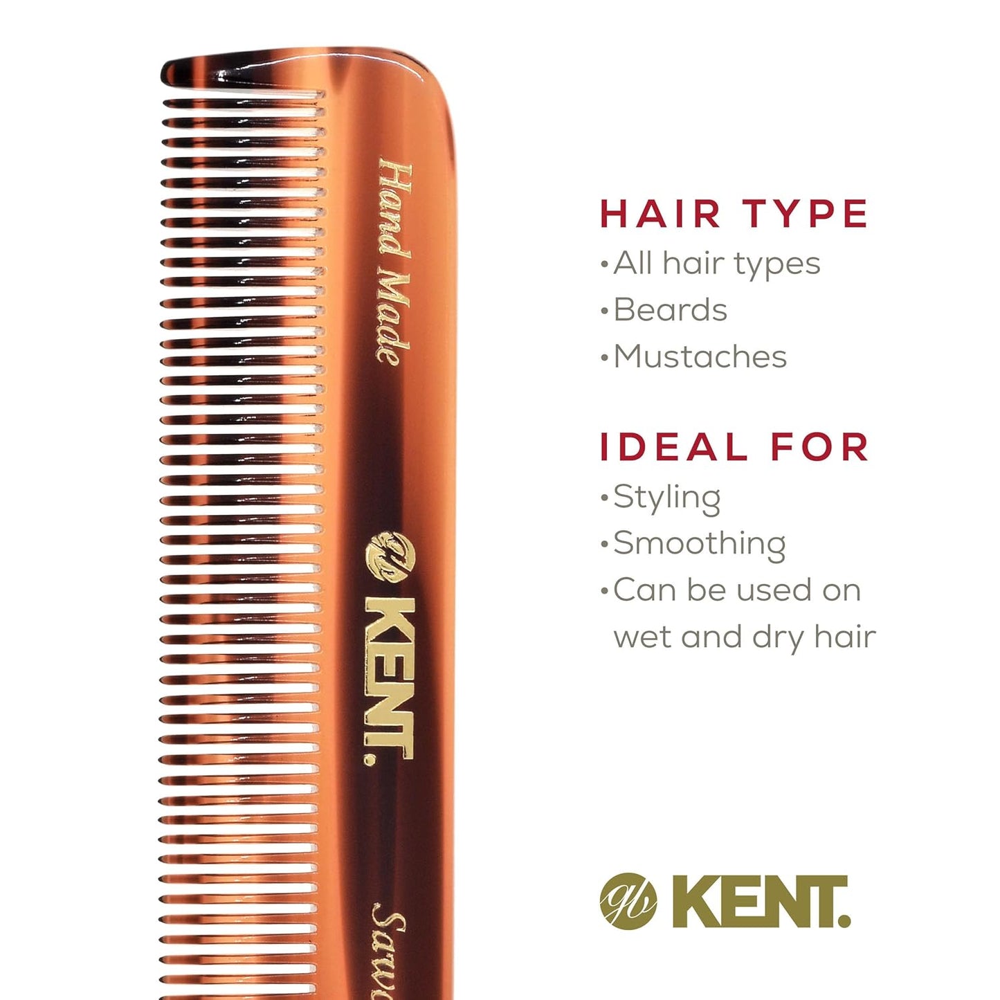 Kent A FOT Tortoiseshell Fine Tooth Handmade Pocket Comb for Men, Women and Kids, Hair Comb Straightener for Grooming and Styling, Beard and Mustache, Saw Cut and Hand Polished, Made in England