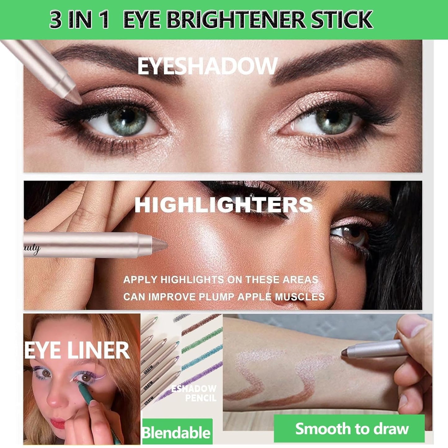 Bright Green Eyeshadow Stick, Blendable Creamy eyeshadow Eye Brightener Stick, Waterproof Eyeshadow Pencil Long Lasting, Smooth Shimmer Eye Shadow Highlighter Eye Liner.#B04 bright greenh shimmer