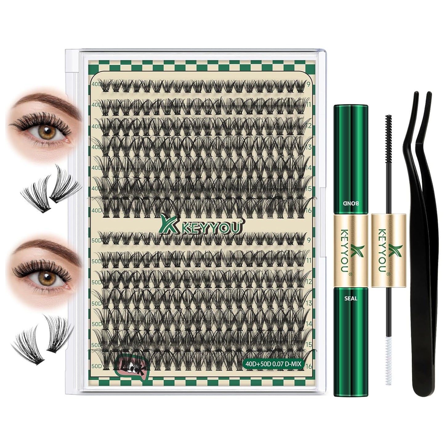 DIY Lash Extension Kit 280pcs Individual Lashes D Curl Eyelash Extension Kit 40D+50D 9-16Mix Natural Lash Clusters with Lash Bond and Seal and Lash Applicator for DIY at Home（KIT-40D50D-0.07D-9-16Mix）