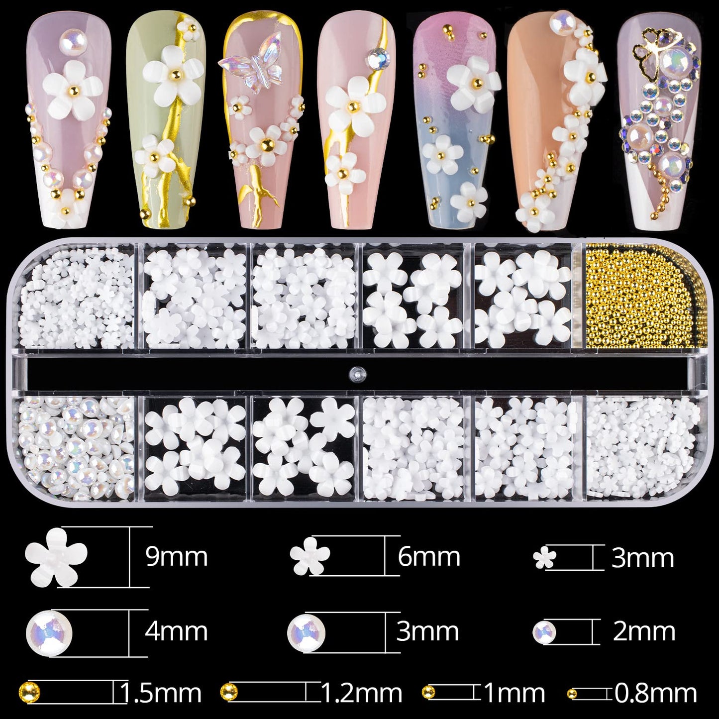 Mixed 3D Nail Art Gem Decoration Accessories Kit #9, Butterfly Starry AB Rhinestone Charm Jewelry for Deco, Pearl Flower Caviar Bead Stone Crystal with Pickup Pencil and Tweezer