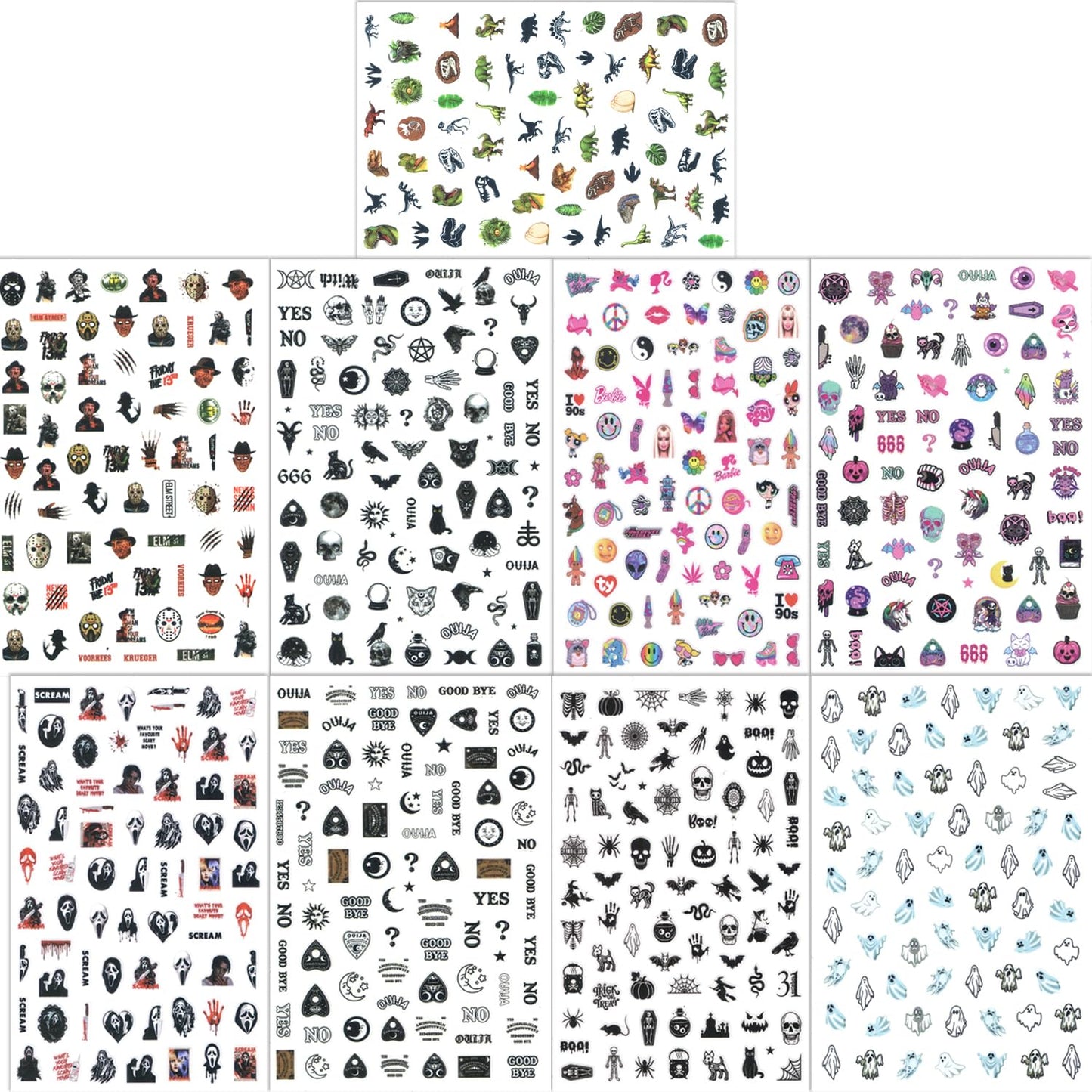 9 Sheets Halloween Nail Art Stickers Decals Scary Film Characters Ghost Face Skull 3D Self-Adhesive Nail Supplies Terror Vampire Spider Web Designs Holiday DIY Manicure Decorations for Women Kids Men